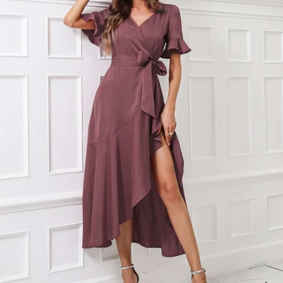 Boho flounce sleeve belted wrap dress - Picture 4 of 16